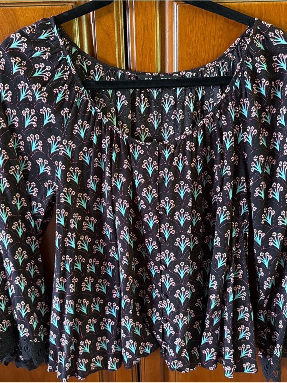 Express Black Top with Mint and Pink Floral Fan Print